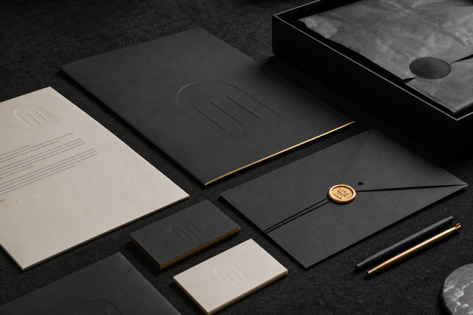 Luxury brand identity kit with cards, stationery, and packaging — Branding