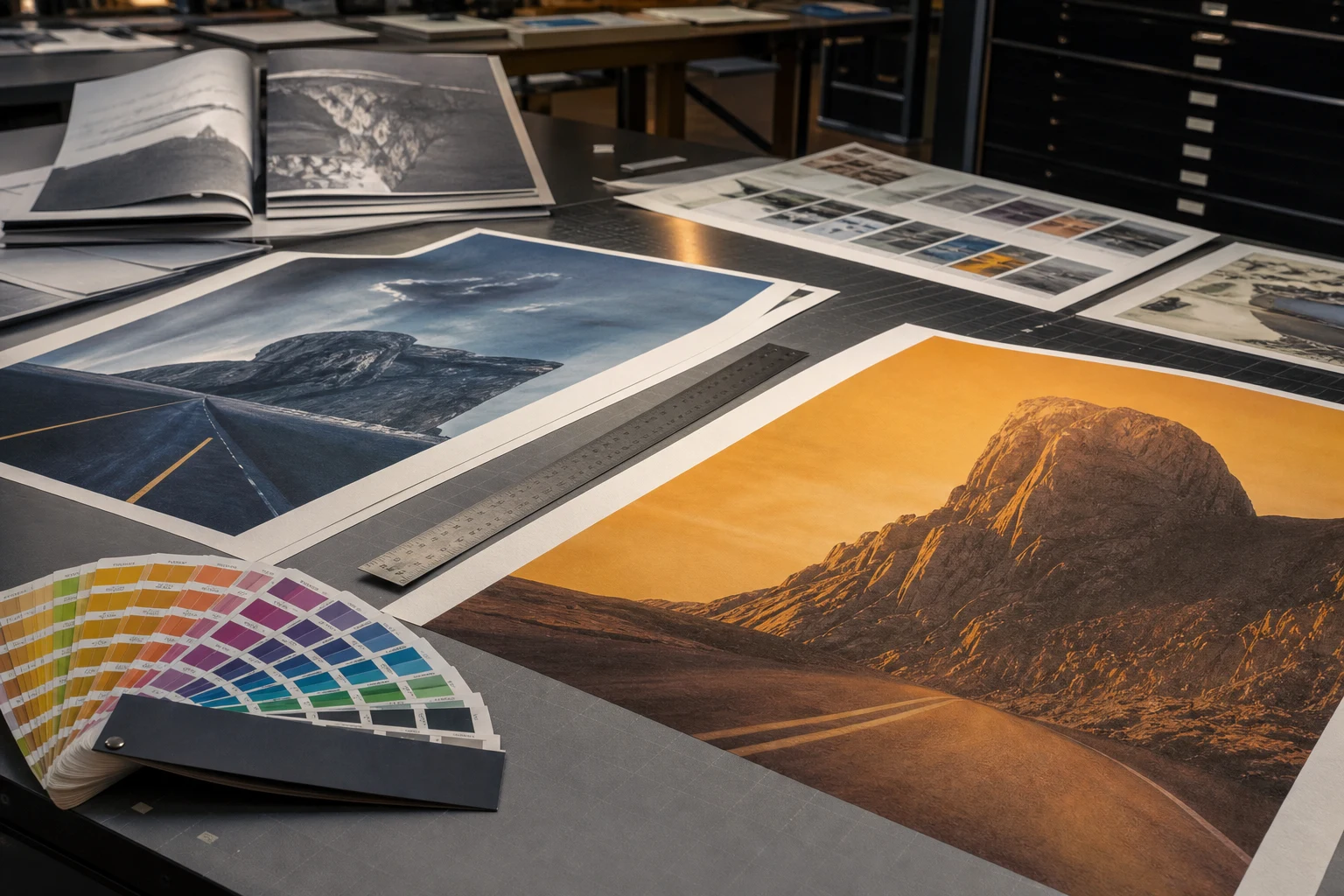 Printed posters and magazine spreads on a studio drafting table — Graphic Design