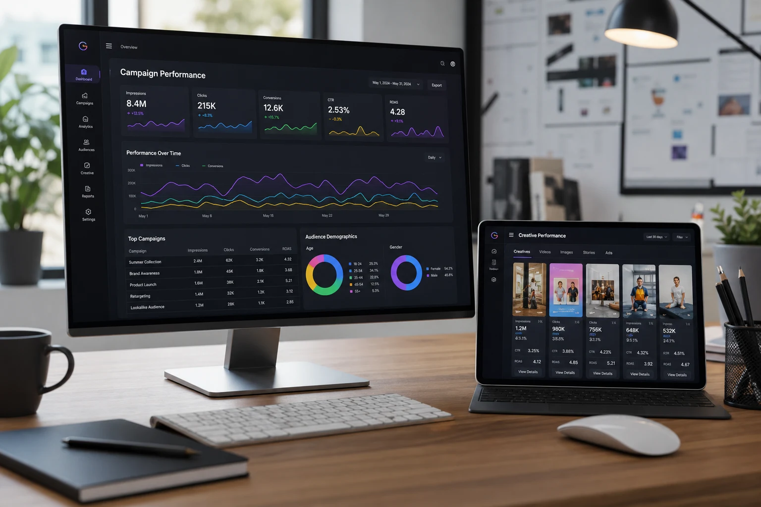 Analytics dashboards and campaign previews on desktop and tablet — Digital Marketing