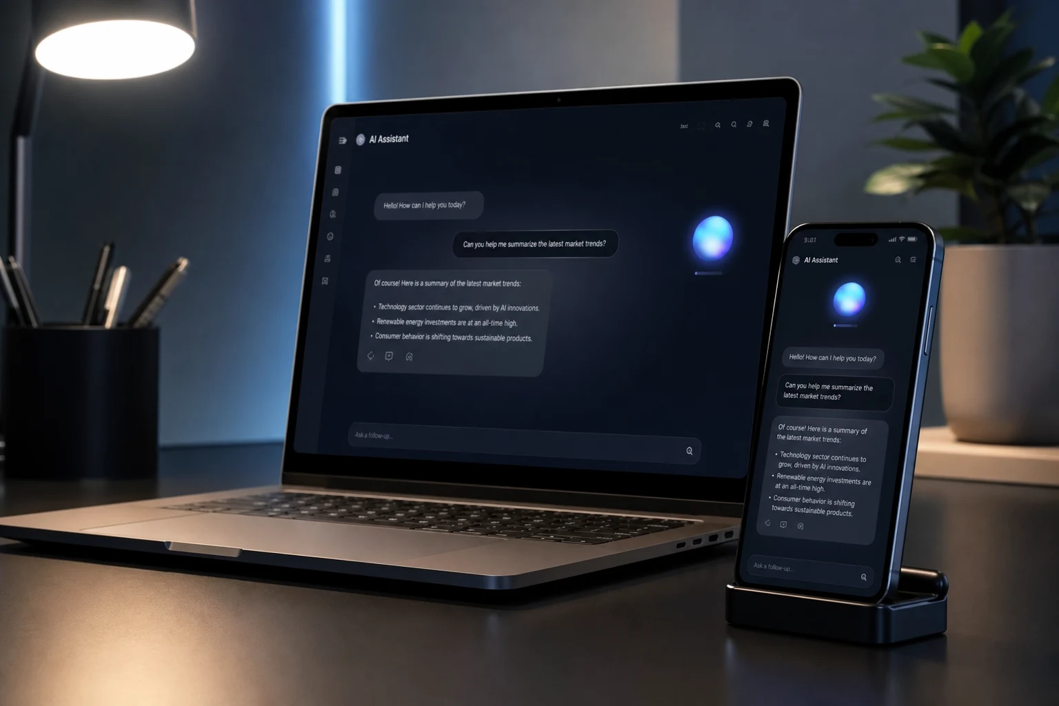 Laptop and phone showing a modern AI chat assistant interface — AI Agents