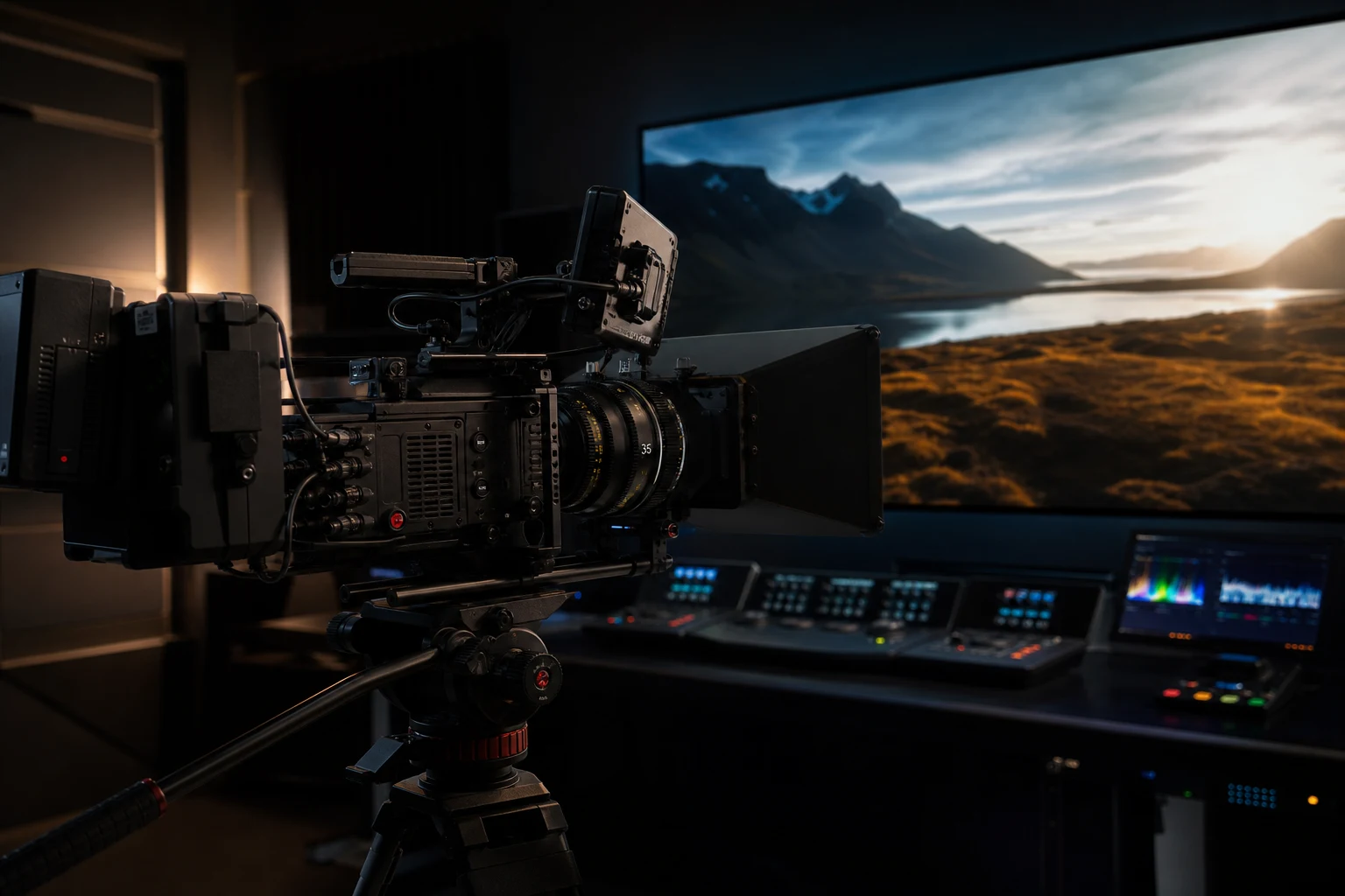 Cinema camera and color-grading monitor in a post-production suite — Video Production