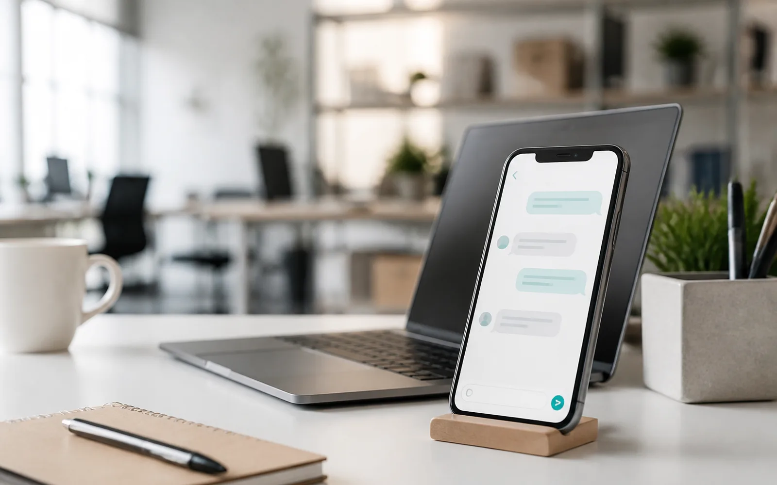 Smartphone showing a clean AI chat interface beside a laptop in a bright office