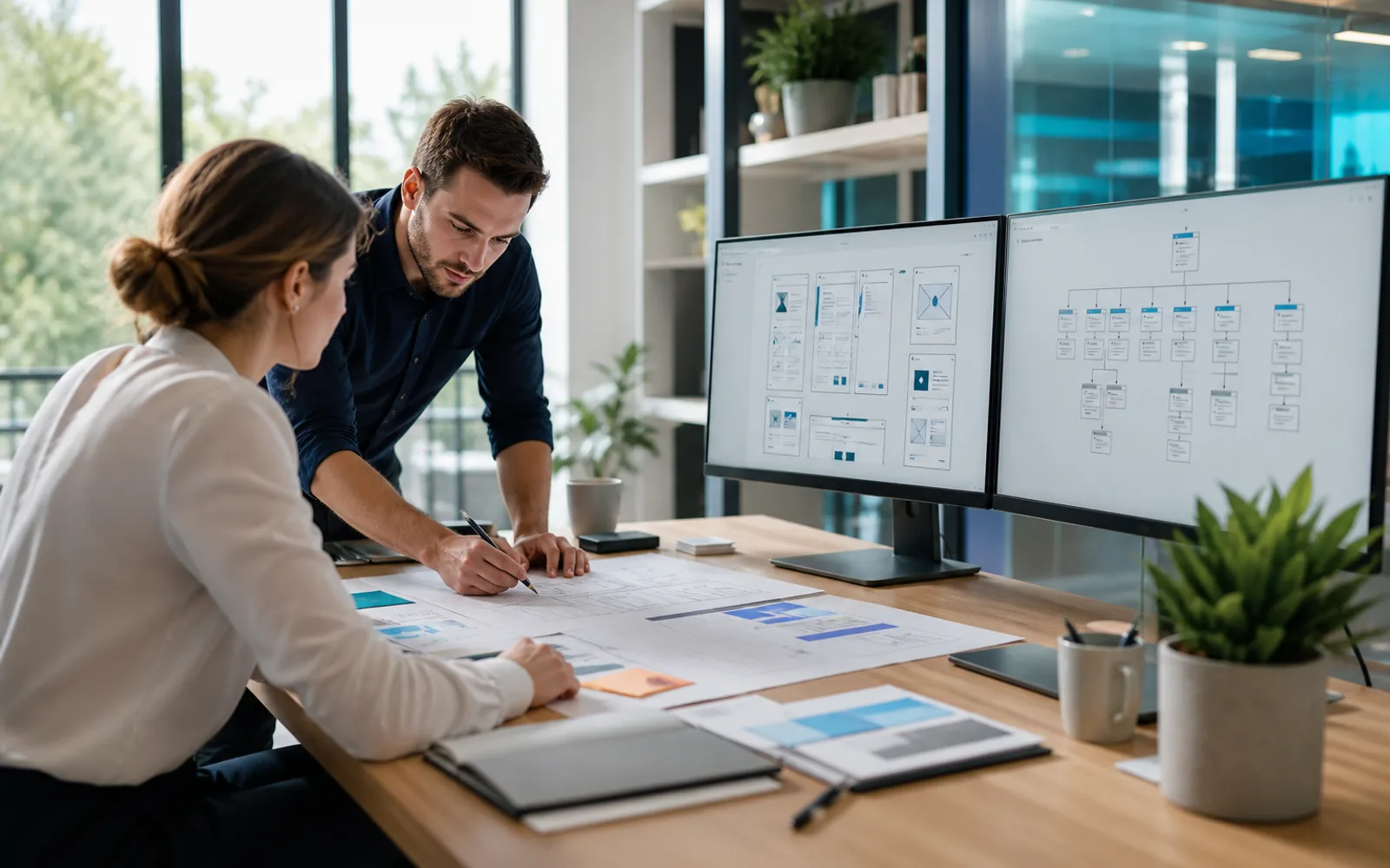 Modern design studio with dual monitors showing website strategy and wireframes