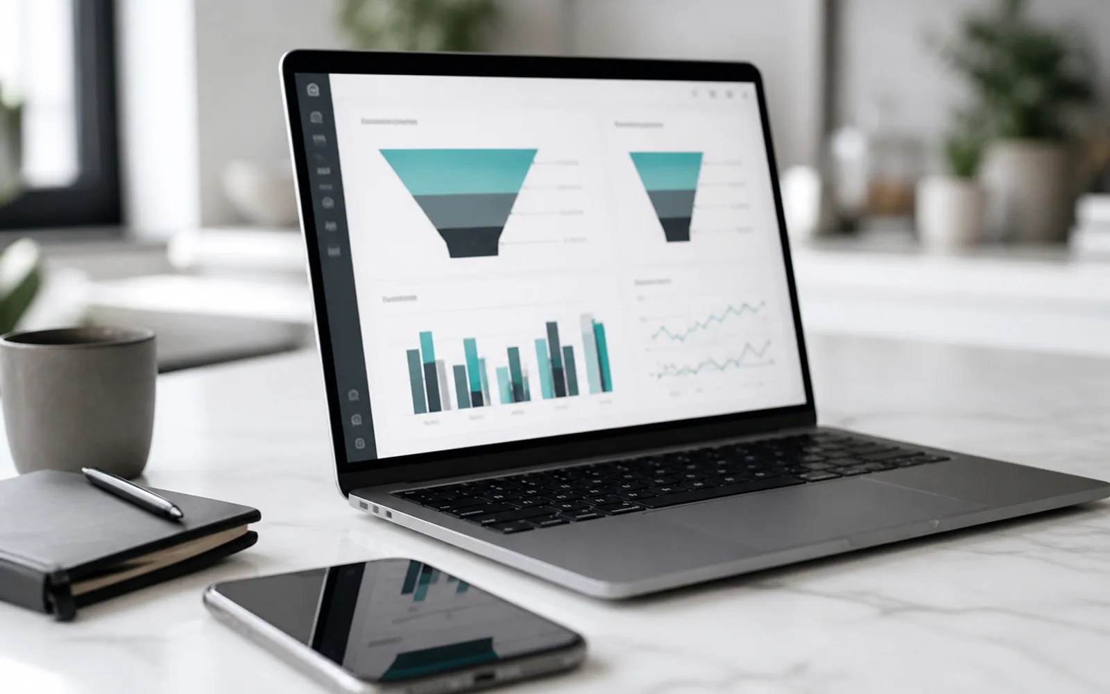 Laptop analytics dashboard and smartphone on a bright desk — conversion insights